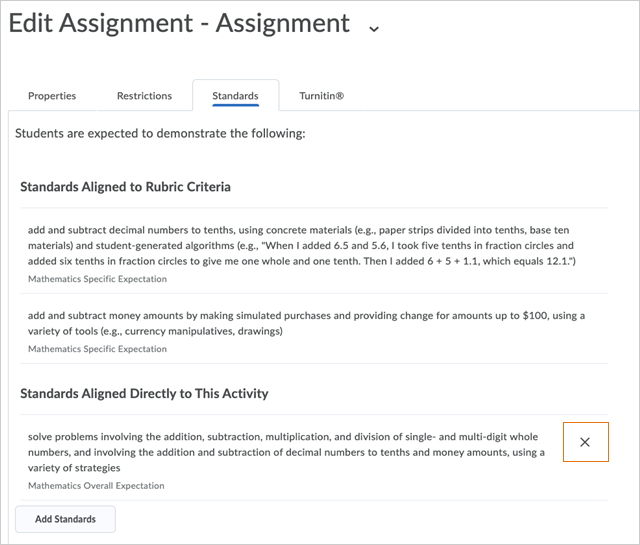 The standards aligned to rubric criteria are listed in the Standards tab.