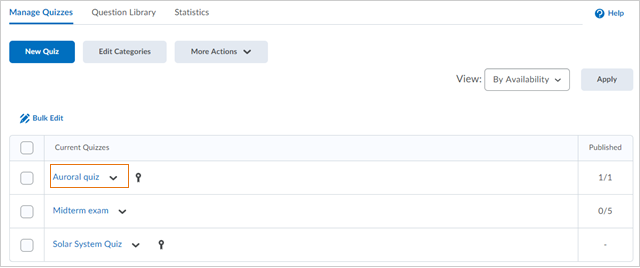 Select a quiz from the available list.