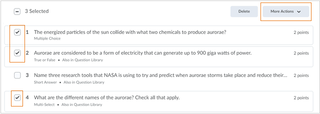 The More Actions button displays the standards you can align to the selected question.