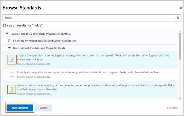The Browse Standards page lists the applicable standards you have previously imported.