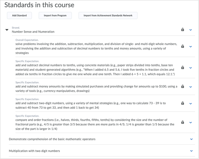 Standards that you have imported are listed. The lock icon indicates that they cannot be edited at this level.