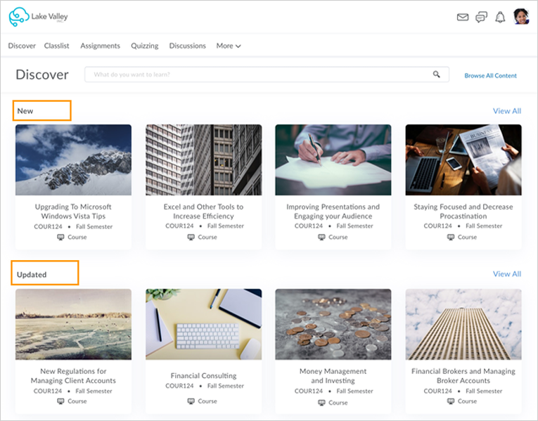 Courses organized by New and Updated sections on the Discover homepage