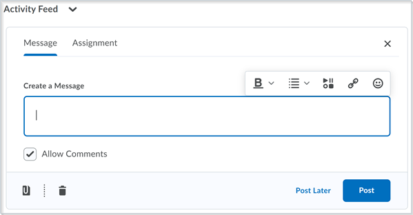 Figure: The updated inline limited version of Brightspace Editor in Activity Feed 