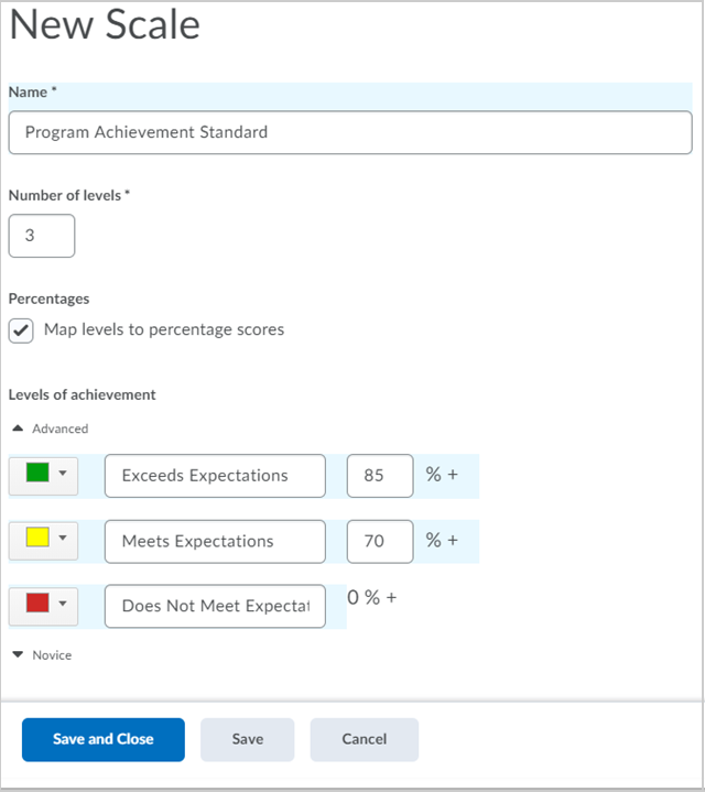 A scale with 3 levels of achievement mapped to percentage scores in the Learning Outcomes tool