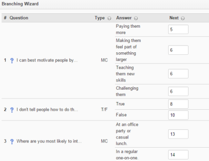 Using the branching wizard to craft a quiz that can lead to many different outcomes depending on the user's answers