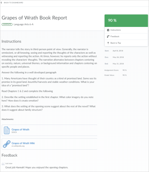 Activity details in Brightspace for Parents