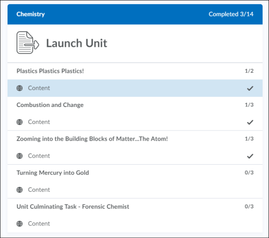 Completion tracking information from the table of contents in the new Content experience