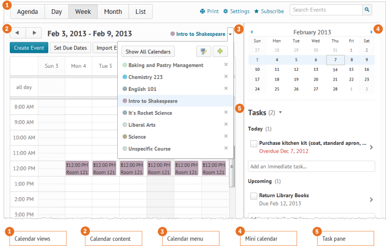 Calendar is comprised of five interface elements: the calendar views panel, calendar content area, calendar menu area, mini calendar, and Task pane.