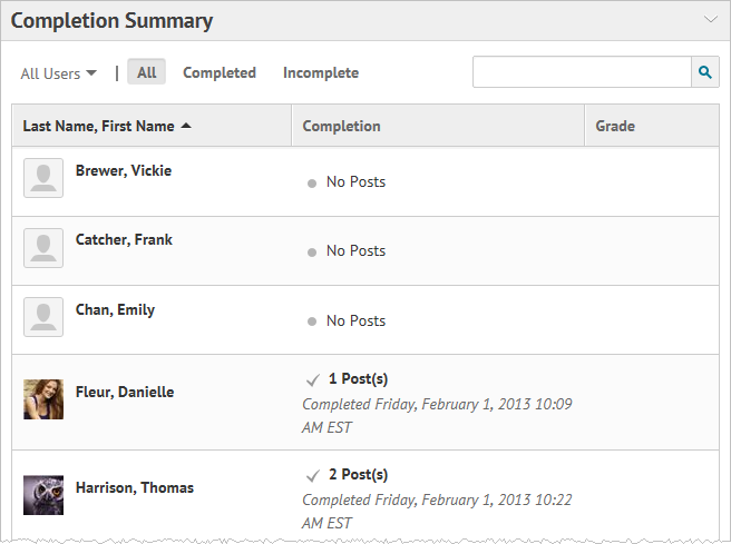 The Completion Summary shows each user's progress for the topic in a table format. The Completion Summary is located within a topic, below its content.