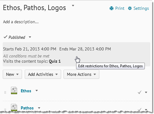 The restrictions area is located below the Published or Draft status.