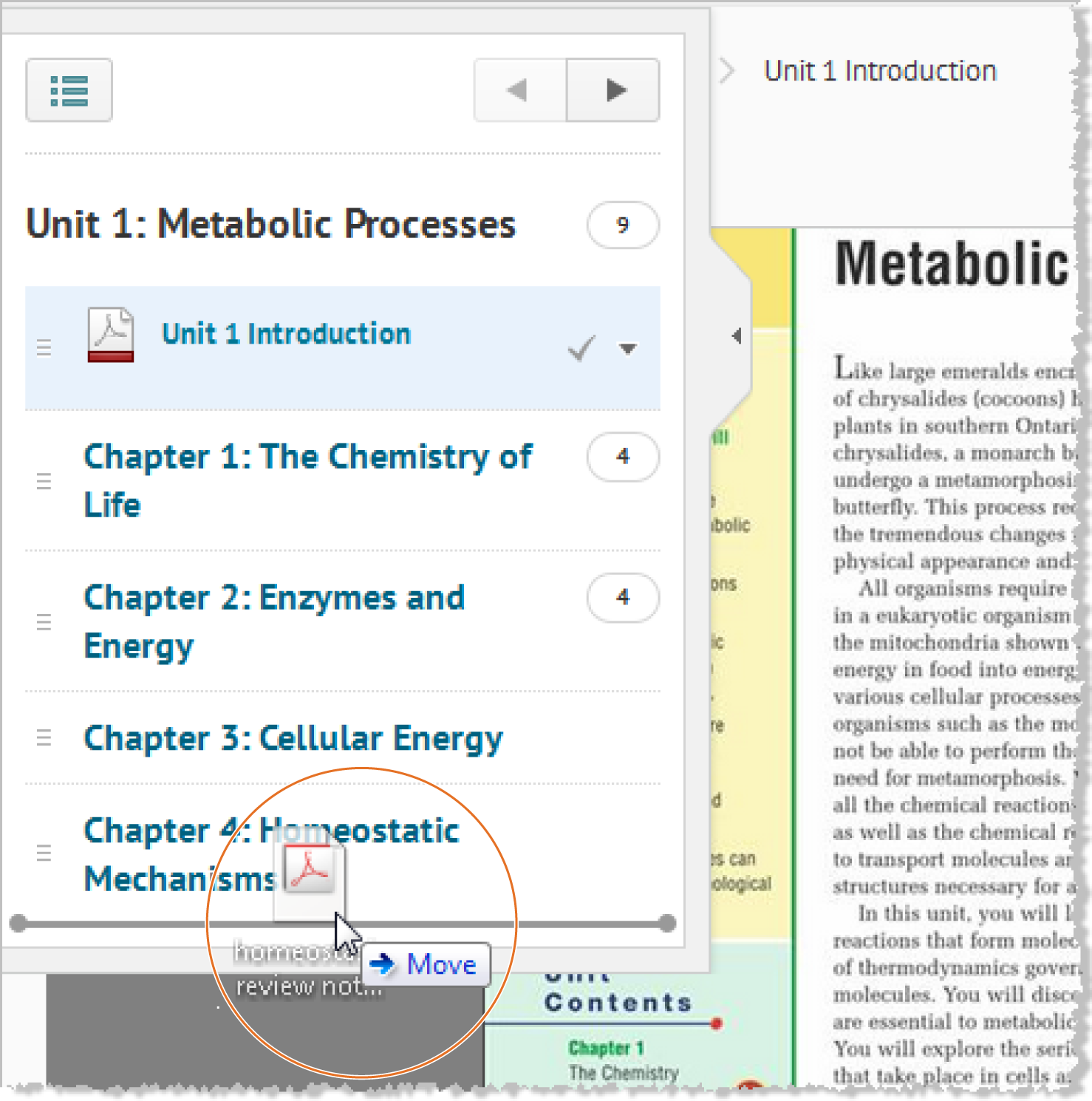 You can drag files from your desktop and drop them onto the collapsible content browser. This updates the content structure and stores the file in Manage Files. A gray line indicates the drop target.