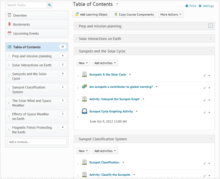 View of the Content tool's Table of Contents page