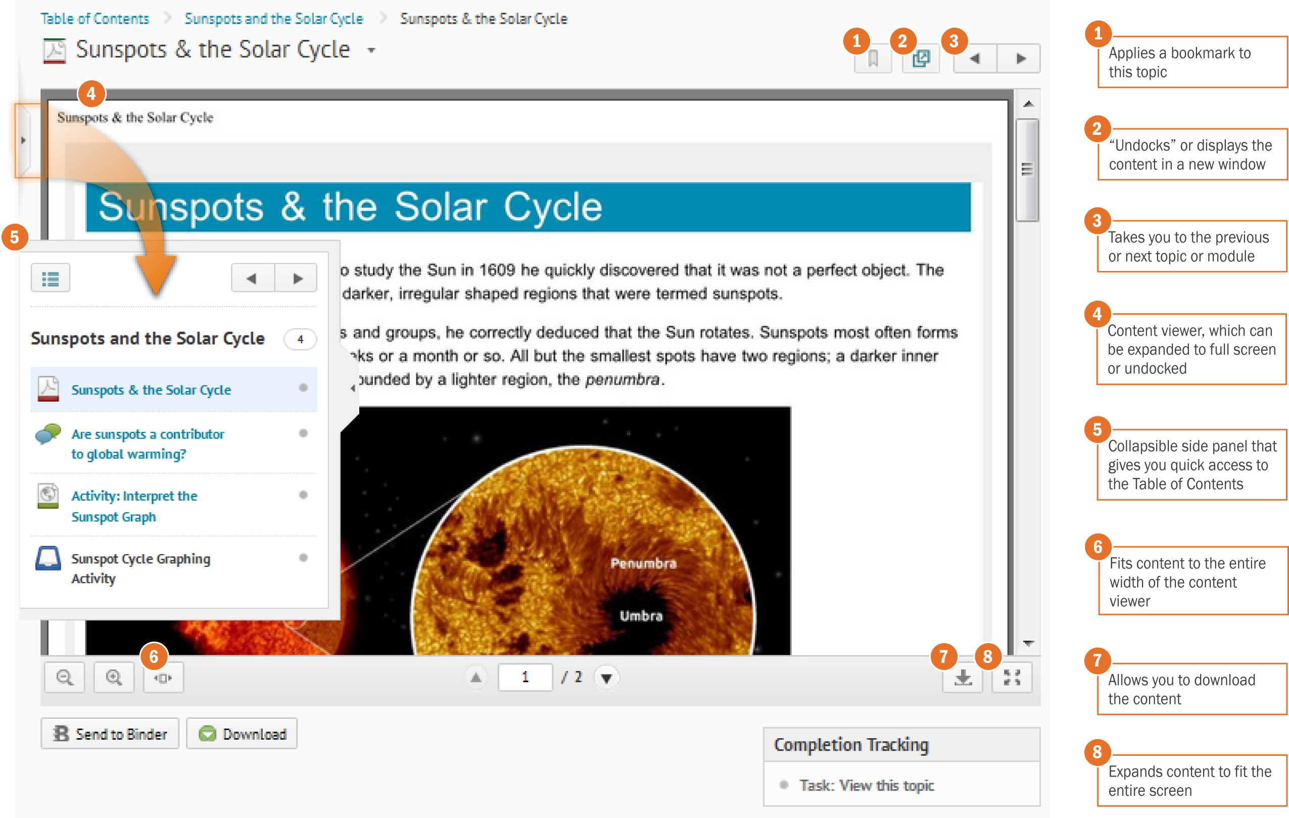 The content  viewer enables you to preview documents and bookmark content. It also has controls for you to open the content in a new window, navigate between modules and topics, fit the document to width, download it, and expand it to full screen.