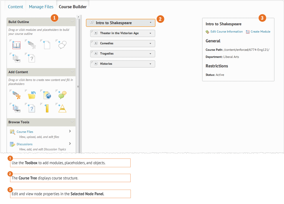 Course Builder is comprised of three interface elements: the toolbox, canvas, and Selected Node Panel.