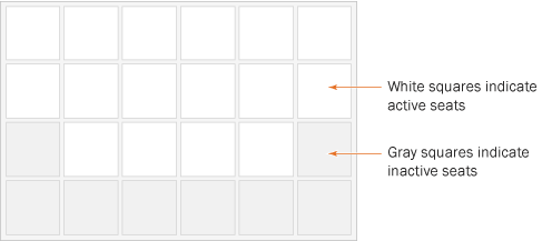 A white square indicates an active seat, while a gray square indicates an inactive seat in a room layout.