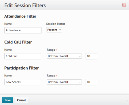 Edit session filters view