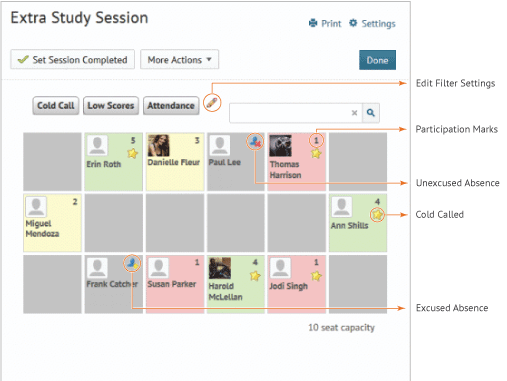 Use the session view to visually track student performance during sessions