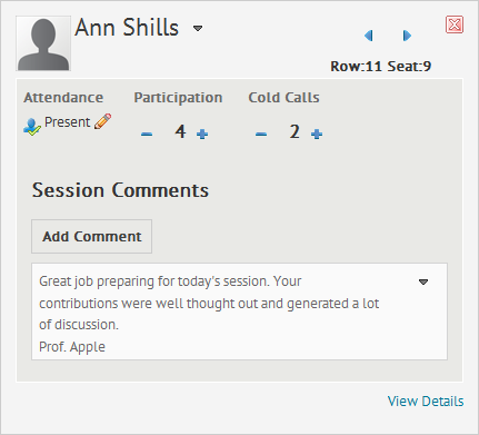 Track student performance during sessions using the user summary overlay