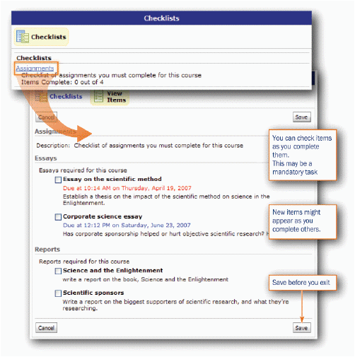 Checklist showing multiple categories