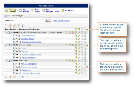 Manage Content with the Publish to LOR icons shown