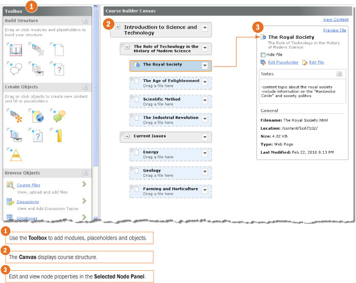 Course Builder is comprised of three interface elements: the toolbox, canvas, and Selected Node Panel.